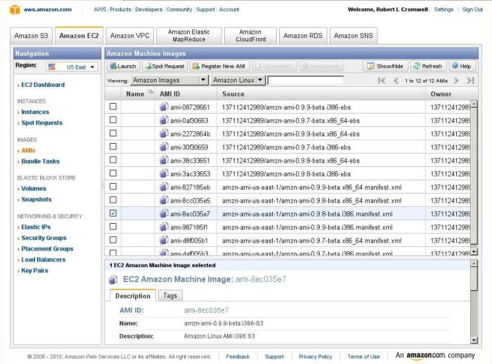 Amazon AWS dashboard for launching Amazon Machine Instances in the EC2.