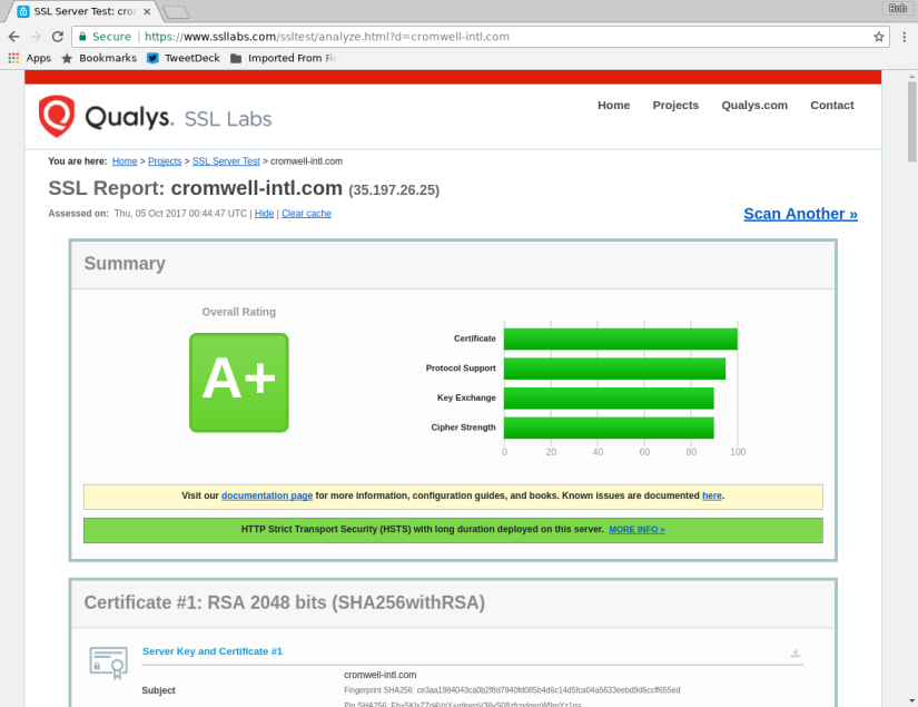 Screenshot of Qualys SSL Labs A+ analysis of a HTTPS web server