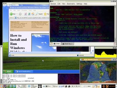 OpenBSD desktop running Windows XP inside a QEMU emulator window.
