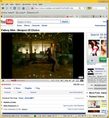 YouTube page showing the Fatboy Slim 'Weapon of Choice' music video.