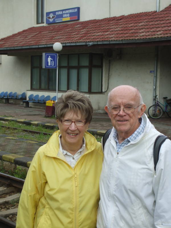 Betty and Bill on the train station platform in Gura Humorului, Romania.
