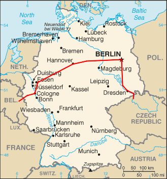 Map of Germany showing rail line from Prague to Paris.