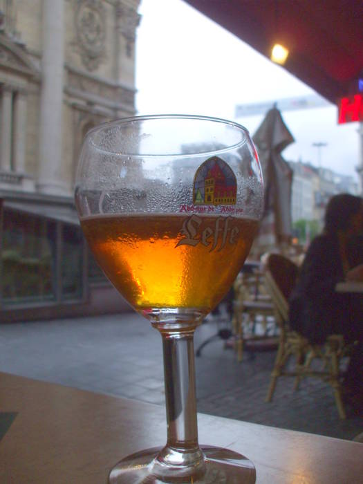 Leffe beer at a cafe next to the Bourse in Brussels.