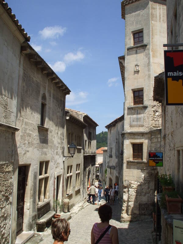 Tall houses line the narrow streets in Les Baux-de-Provence in southern France.