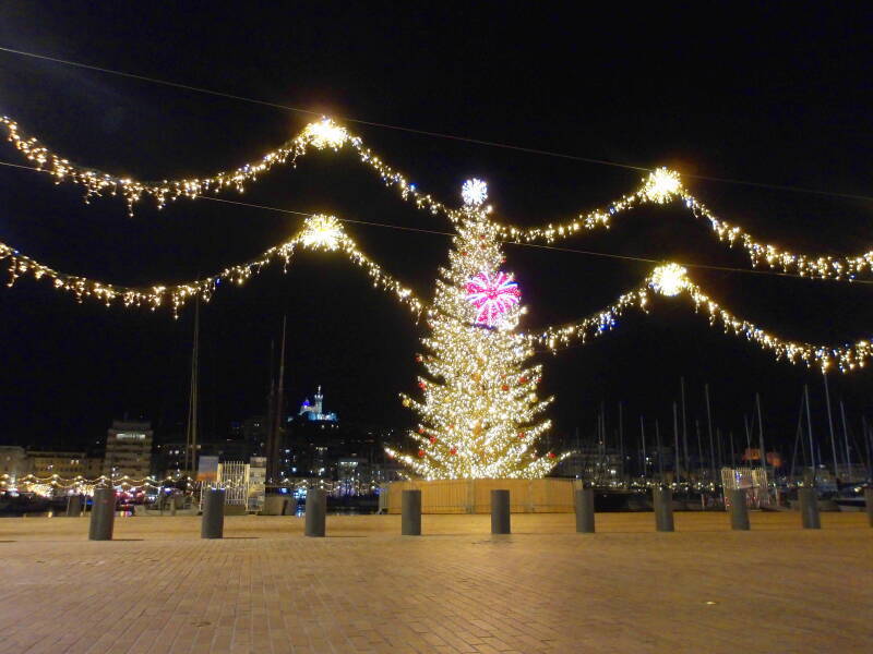 Christmas decorations around Vieux Port, the Old Port, in Marseille, France.
