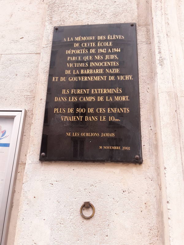 Memorial at the public boys' school near the Canal Saint-Martin in the 10th arrondissement in Paris.