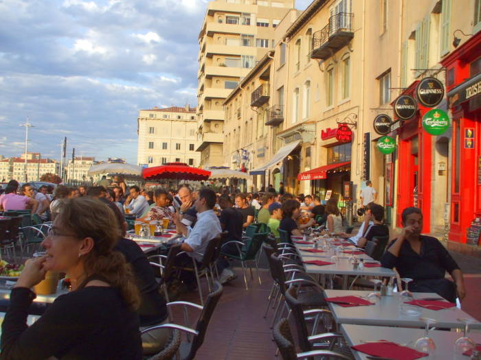 Sidewalk café along Vieux Port, the Old Port of Marseille.