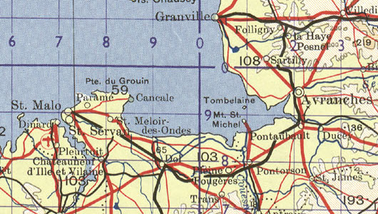 Map of northern Brittany coast from Saint Malo through Mont-Saint-Michel.