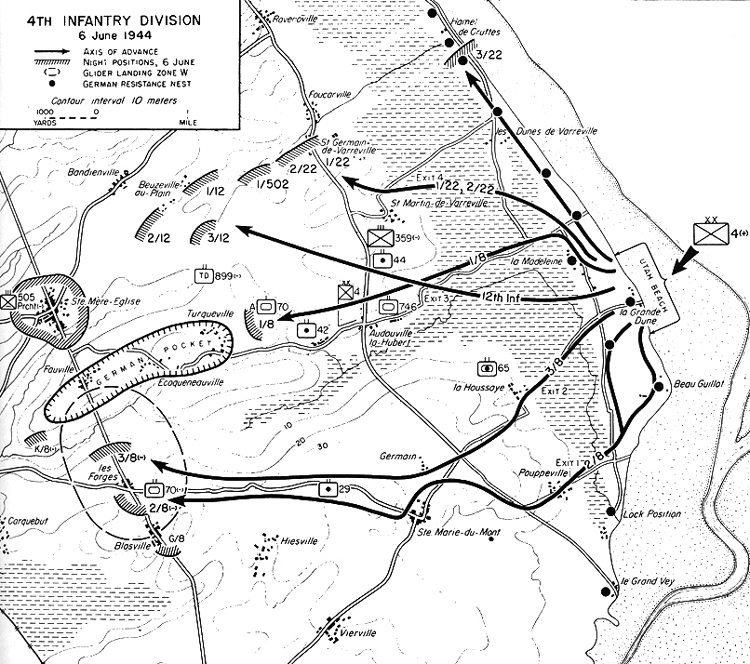 U.S. Military map of Utah Beach and 4th Infantry Division movement on 6 June 1944, D-Day, in Operation Overlord.  Landing sites of the U.S. paratroopers, battlefields of the U.S. infantry forces.