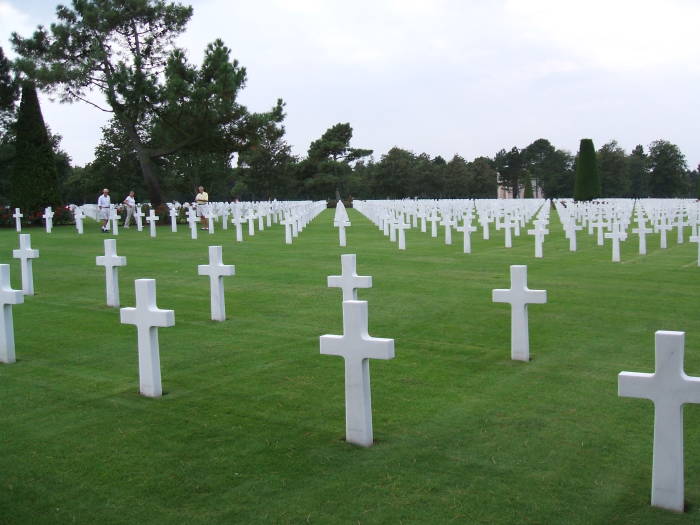 Rows of stone crosses in the American cemetery at Colleville-sur-Mer.