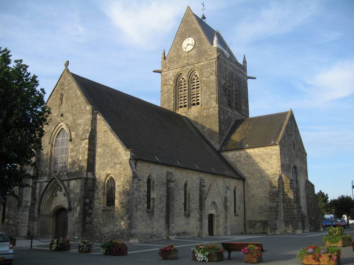 Old church in the town square of Sainte-Mere-Eglise in Normandy, near Utah Beach.