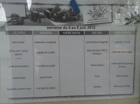 Elementary school menu in V#x00e9;theuil.