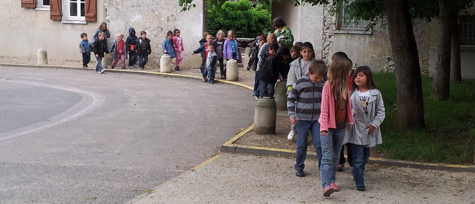French school children returning to their school.