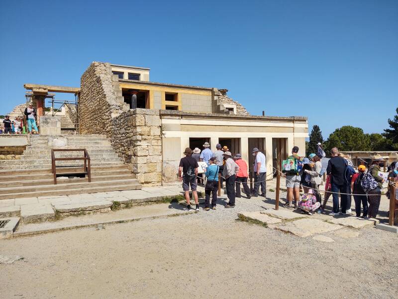 Approaching the 'Throne Room' at prehistoric site of Knossos, outside Heraklion in Crete.