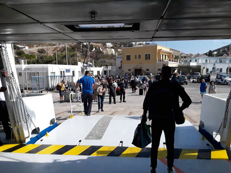Disembarking a small ferry at Agia Marina on Leros.
