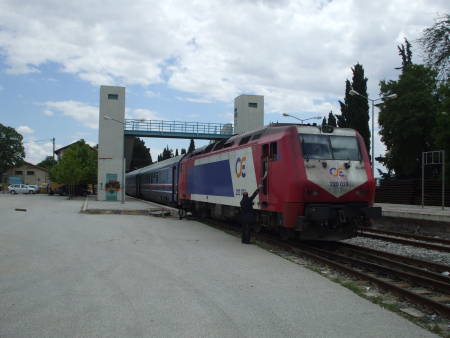 OSE Greek train arriving in Kalampaka, near the village of Kastraki and the monastic complex of Meteora.