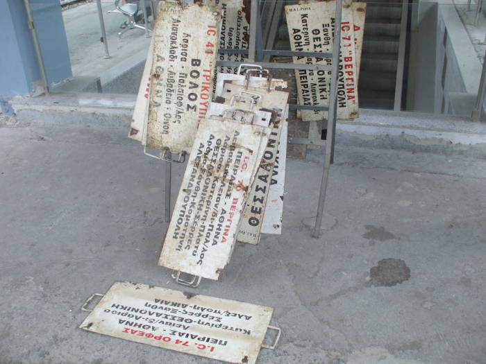 Placards at the Thessaloniki station.
