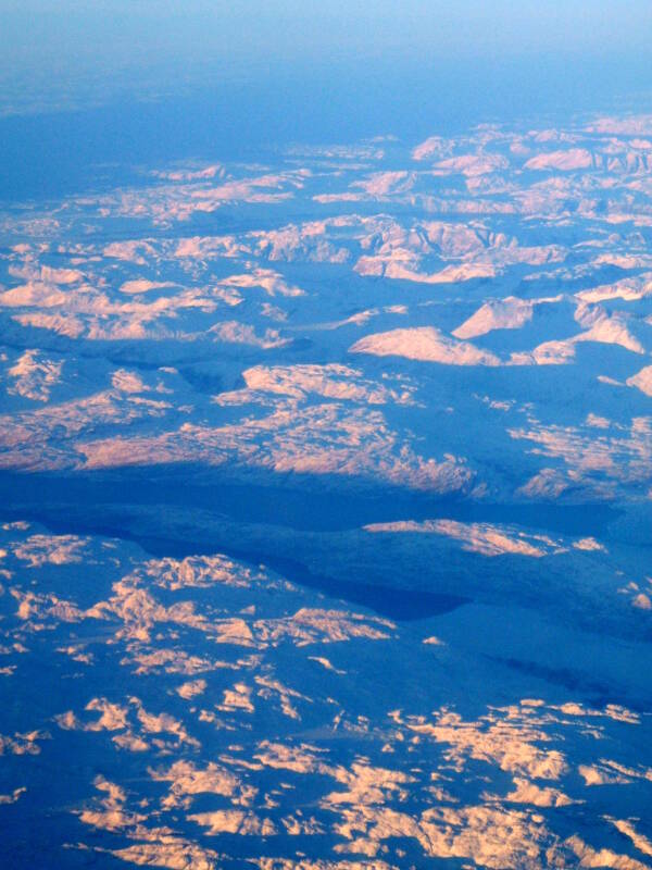 View of Greenland from on board Northwest Airbus 330 from London Gatwick to Minneapolis, 13 December 2006, crossing Greenland just south of Nuuk.