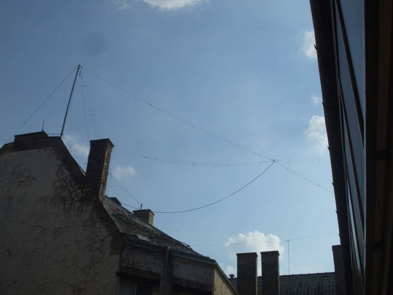 Two-band HF dipole antenna above building adjacent to the Radio Inn in Budapest.