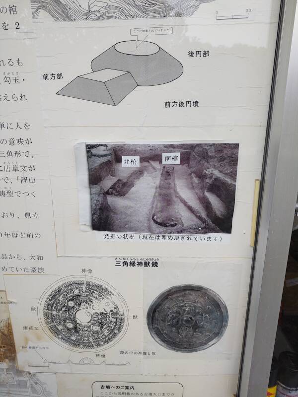 Schematic diagram of Ōtsukayama Kofun, photo of archaeological trenches, and drawing and photo of a bronze mirror found there.