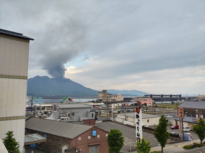 View of the Sakurajima volcano from the rooftop of the Green Guesthouse in Kagoshima