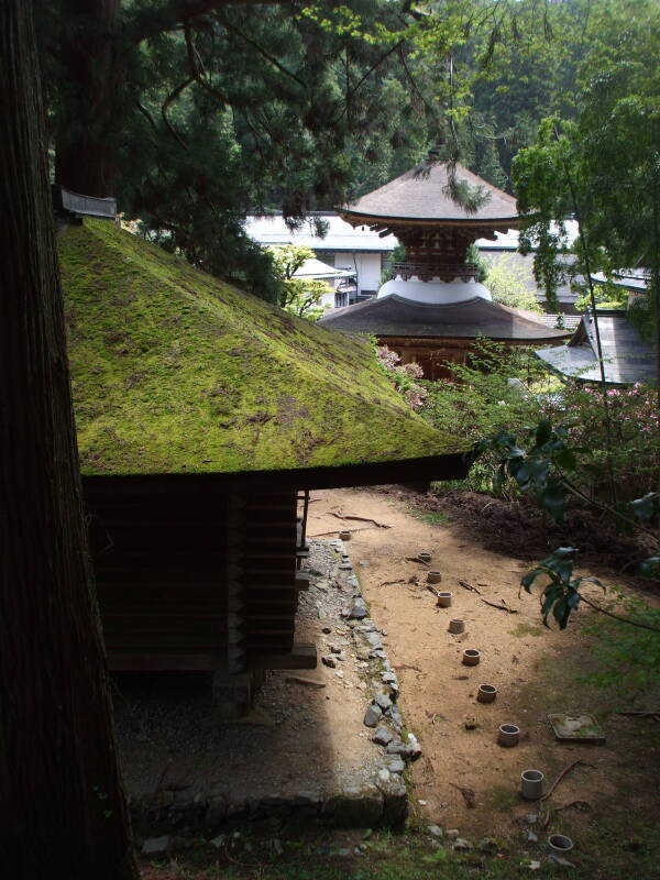 Moss-covered temple roof at Kongō Sanmai-in in Kōya-san.