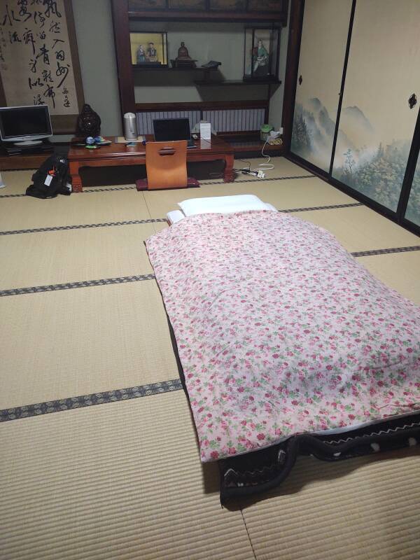 Futon made up for the night in my room in the Tamonkan ryokan at the base of Mount Haguro.