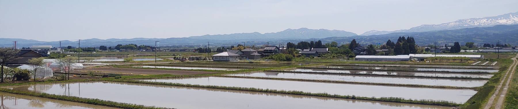 Rice paddies and vegetable greenhouses with mountains, some with snow cover, in the distance.