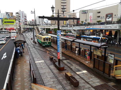 Streetcar platforms at Nagasaki train station.