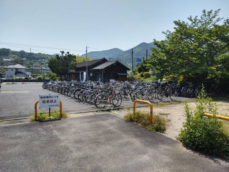 Over a hundred bicycles parked at Kami-Usuki Station without a single lock in sight.