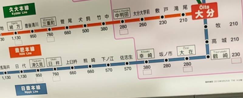 Regional railway map and fare chart at Ōita Station.