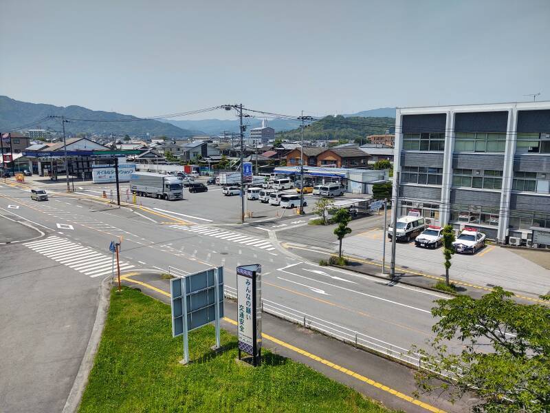 View down over the police station, Lawson mini-market, and gas station in Usuki.