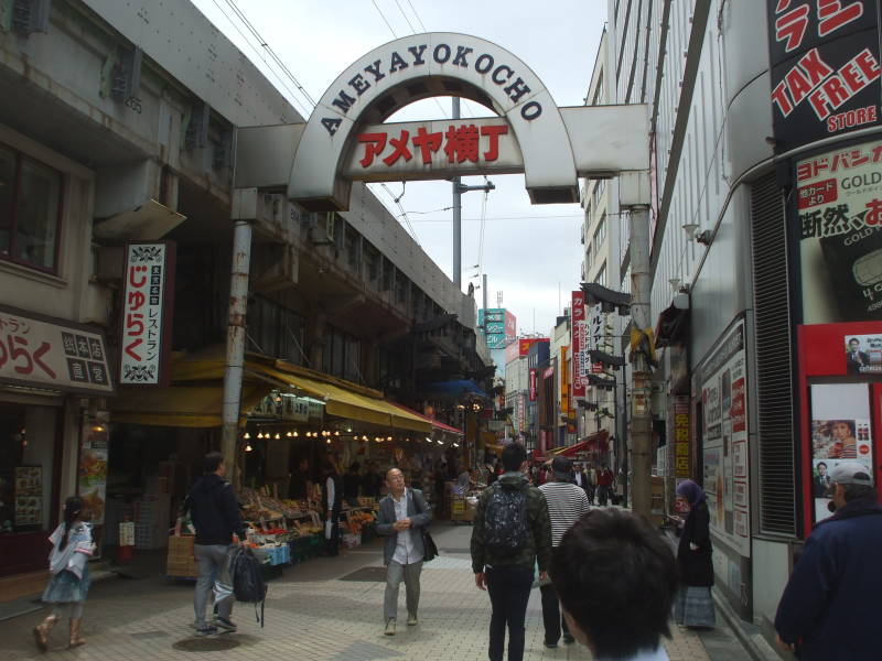 Entering the Ameya-Yokochō market under the Yamanote Line tracks.