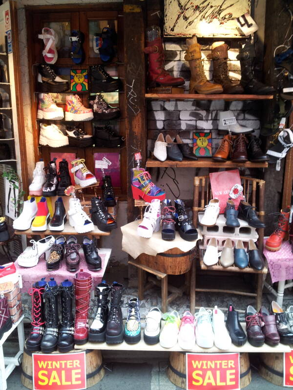 Shoes and boots in a shop on Takeshita-dori or Takeshita Street in Harajuku.