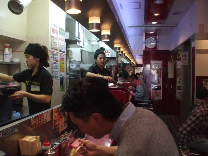 Inside a ramen restaurant near Shibuya Station.