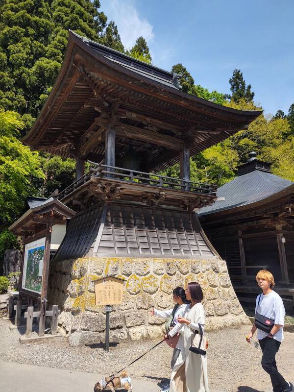 Buddhist temple bell tower near Risshaku-ji temple at Yamadera town.
