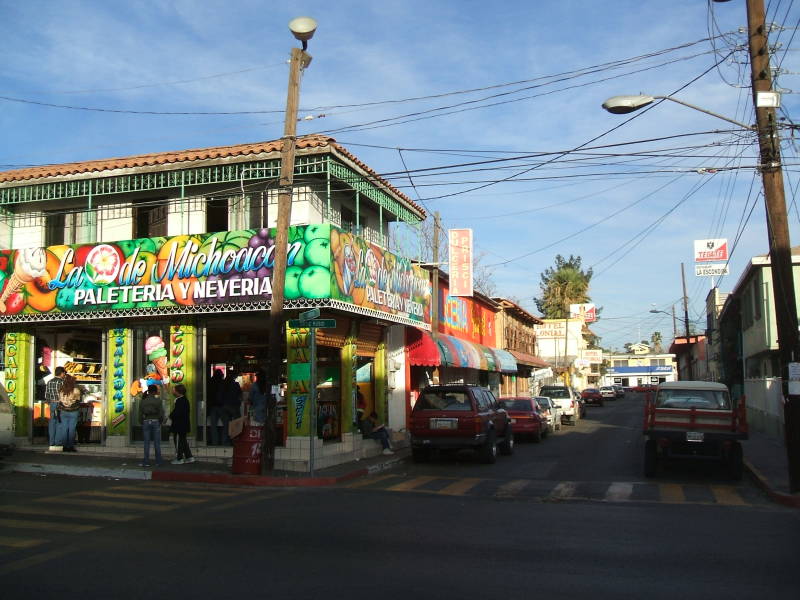Colorful business storefronts in Tecate, Mexico.
