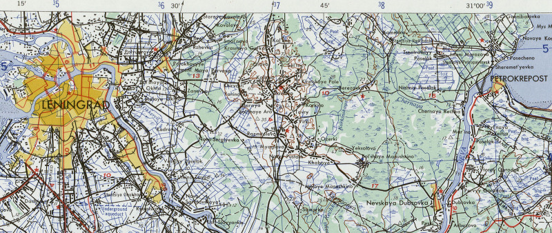 Map of Leningrad and surroundings, east to Petrokrepost.