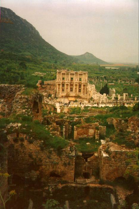 Ephesus: the city center.  Looking down across the ruins of the central business district to the Library, with the basilica and former harbor in the distance.