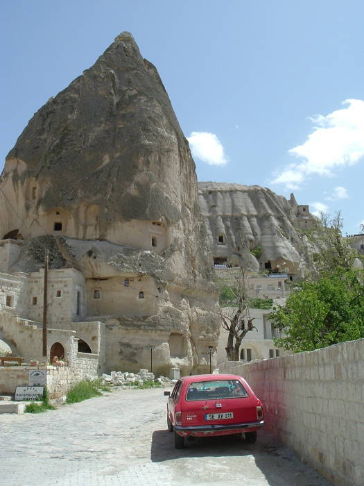 Multi-story cave homes and guesthouses in Göreme, in Cappadocia, Turkey.