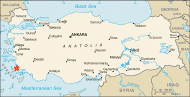 Map of Turkey showing Bodrum and Halicarnassus.