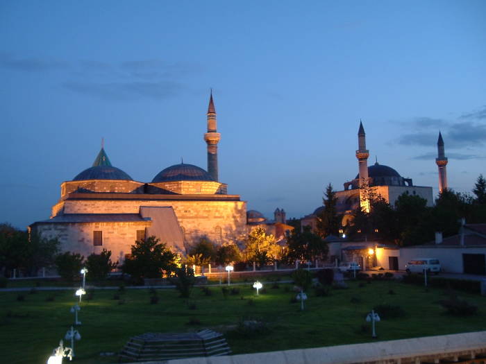 The Mevlâna Shrine in Konya at sunset, as seen from a rooftop restaurant.