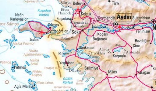 Map of Beşparmak Mountain region in southwestern Turkey.