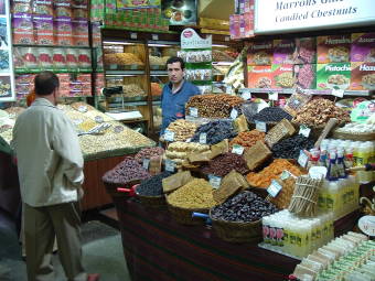 Dried fruit, nuts and spices at a shop in the Spice Bazaar in Istanbul.