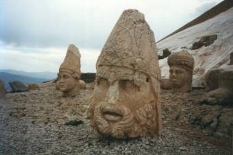 Carved stone heads at the summit of Nemrut Dağı or Mount Nemrut in eastern Turkey.