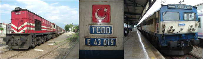 Red Turkish locomotive and passenger train, Denizli; Turkish train placard; Turkish passenger train, İstanbul / Haydarpaşa