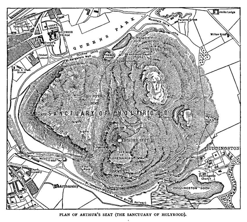 1880s map of Holyrood Park, from https://en.wikipedia.org/wiki/File:Old_new_edin_v4p124.gif (converted from 380 kbyte GIF to 294 kbyte PNG)
