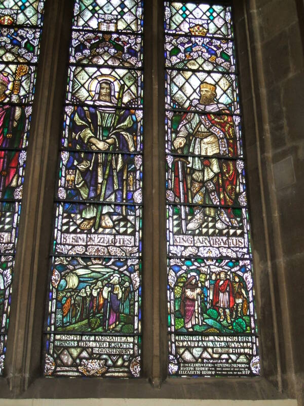 Stained glass window at Saint John's Church along the High Street in Glastonbury.