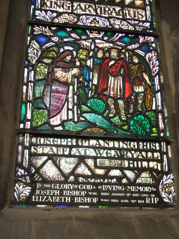 Stained glass window at Saint John's Church along the High Street in Glastonbury.