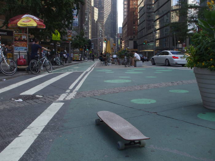My skateboard on Broadway.  Starting south on Broadway from Columbus Circle.